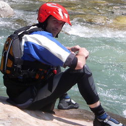 Paul Donnelly, kayak and climbing expert and corporate sales manager for Great Outdoors, takes a moment out during a whitewater descent in the Alps.