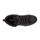 Top view of the Columbia Mens GeoTerra OutDry Leather Hiking Boot in black/dark gray with red-accented laces, heel fabric loop, Columbia-branded insole, and rugged Vibram outsole for superior traction.