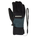 Black and teal glove with a lanyard on a white background, featuring the Ziener brand. Waterproof ski gloves with non-slip AMARA palm and fleece lining. PFAS-free and made with recycled materials.