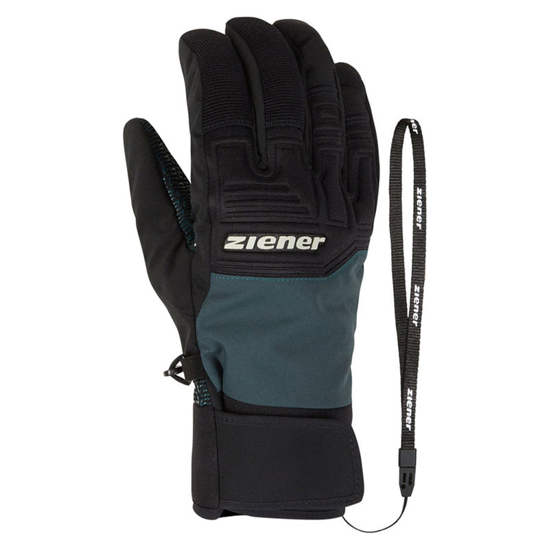 Black and teal glove with a lanyard on a white background, featuring the Ziener brand. Waterproof ski gloves with non-slip AMARA palm and fleece lining. PFAS-free and made with recycled materials.