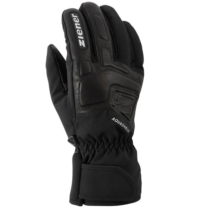 Black glove with 'Ziener' branding on a white background. Stay dry and in control with AQUASHIELD® ski gloves featuring soft leather grip and sustainable construction.