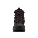 Front view of the Columbia Mens GeoTerra OutDry Leather Hiking Boot, a waterproof boot with black and brownish-red laces, rugged toe, and thick Vibram sole for superior traction.
