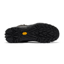 The image shows the bottom sole of a black Columbia Mens GeoTerra OutDry Leather Hiking Boot with deep, rugged treads and a yellow Vibram logo, highlighting its durable Vibram technology.