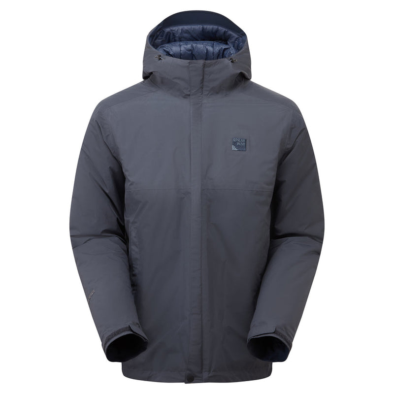 Gray jacket with a hood on a white background. Sprayway's Vihar Insulated Jacket combines GORE-TEX waterproofing with ThermoSphere™ insulation for winter protection.