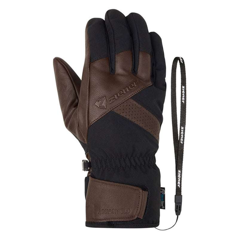 Brown and black glove with brand logo on a white background. Ziener GETTER-Z AS® AW gloves offer breathable warmth, grip, and windproof protection with eco-certified construction