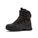 The Columbia Mens GeoTerra OutDry Leather Hiking Boot features dark green leather, black accents, a thick Vibram sole, reinforced toe, high ankle support, and brown laces with metal eyelets—waterproof for rugged hikes.