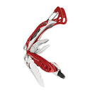 The Leatherman Skeletool RX Multitool, shown partially opened against a white background, displays its pliers, serrated knife, and more—ideal for emergency rescue situations.