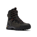 The Columbia Mens GeoTerra OutDry Leather Hiking Boot is shown angled on a white background, featuring red-accented laces, high ankle support, and a rugged Vibram sole.
