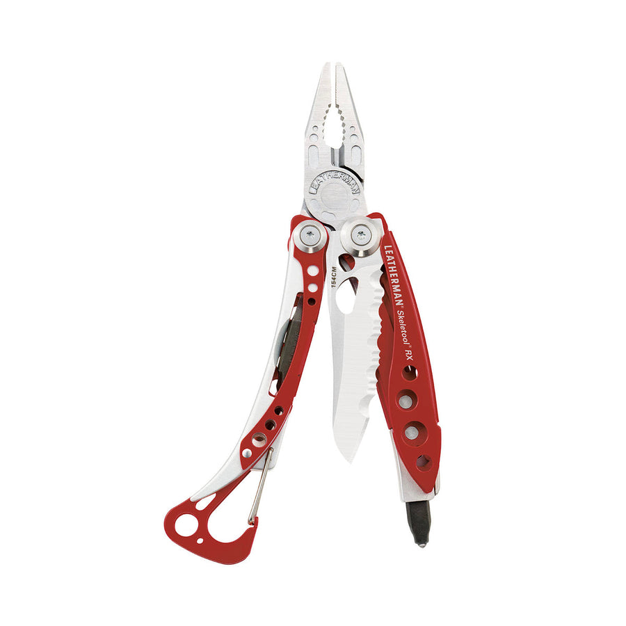 The Leatherman Skeletool RX Multitool features red and silver handles, pliers, a partially serrated blade, and multiple fold-out tools ideal for emergency rescue situations.