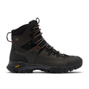 The Columbia Mens GeoTerra OutDry Leather Hiking Boot in black and dark brown features a high ankle, lace-up closure, rugged Vibram sole with Vibram technology, and waterproof design for outdoor durability and performance.