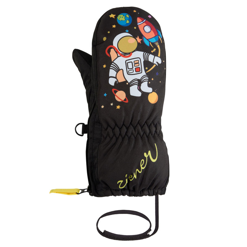 Black mittens with space-themed design featuring an astronaut and planets on a white background. Keep little hands warm and dry with ZIENER’s waterproof baby gloves featuring AQUASHIELD® and elastic wrist leash.