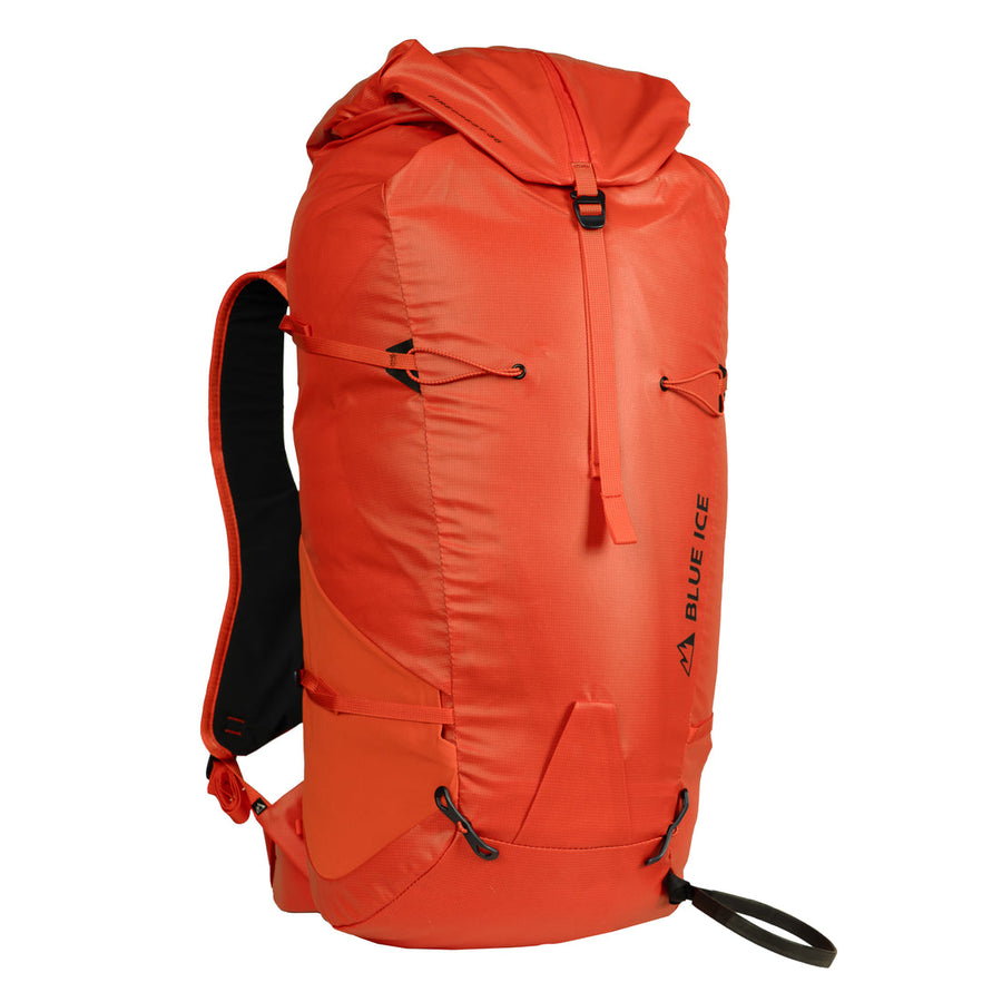 Blue Ice Firecrest 38L Alpine backpack in the red clay colour on a white background