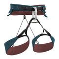 Blue ice vista climbing harness in blue with red lining on a white background