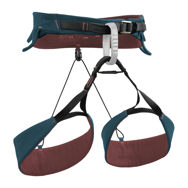 Blue ice vista climbing harness in blue with red lining on a white background