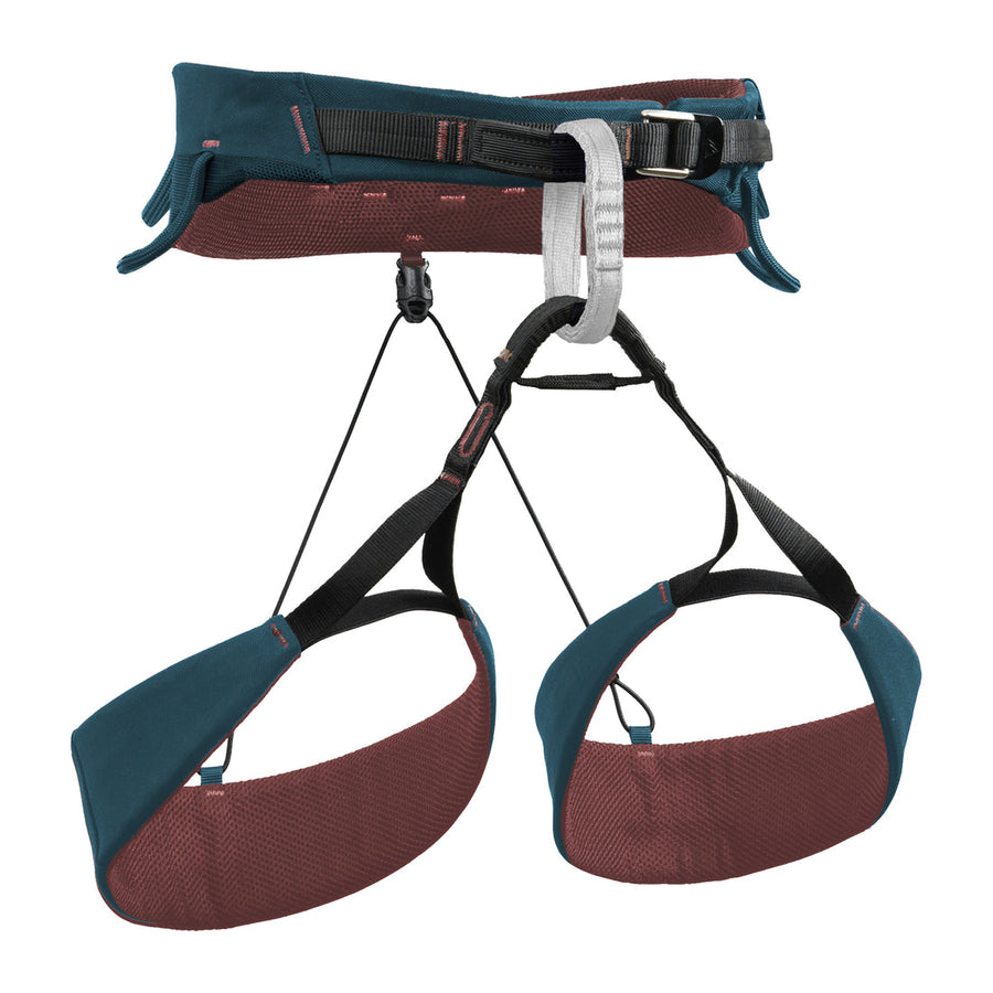 Blue ice vista climbing harness in blue with red lining on a white background