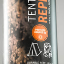 Tent repair spray bottle with text and graphics on a gray background