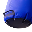 Close-up of the bottom of a blue and black Sea to Summit Folding Bucket (10L), featuring a black fabric handle attached to the side, showcasing its sturdy yet lightweight design—perfect for outdoor adventures.