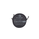 A round, gray zippered pouch labeled “Sea to Summit Camp Kitchen Clean Up Kit (6-Piece)” on a white background. This convenient camping dishwashing kit from Sea to Summit features two black side straps for easy carrying.