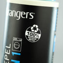 Close-up of a can with 'Grangers' branding and a recycling logo on a gray background