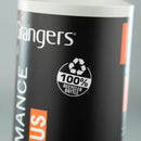 Close-up of a can with 'Grangers' branding and a recycling logo on a gray background