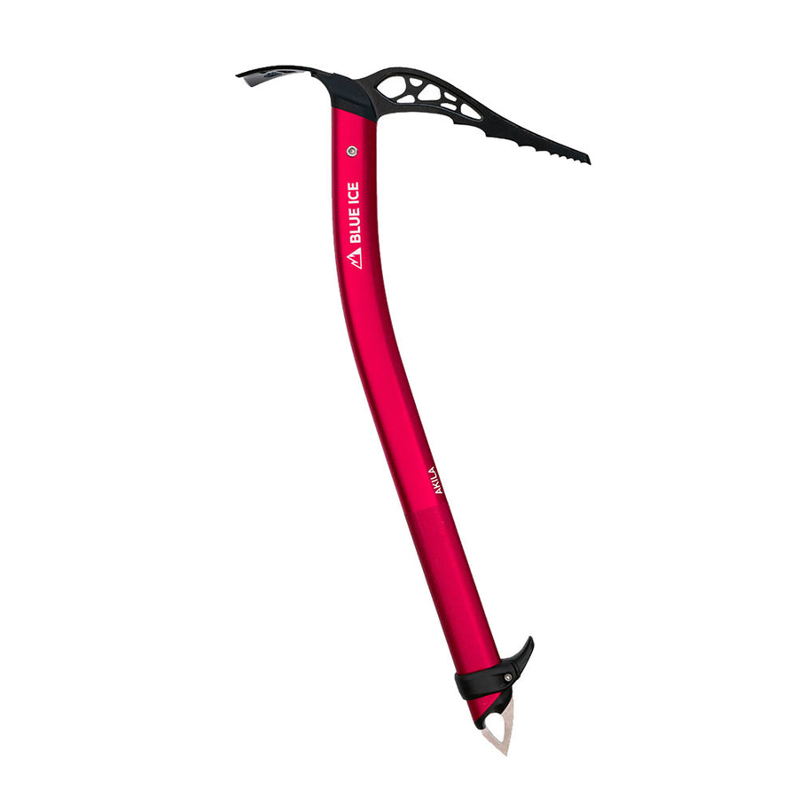 Red ice axe with black accents on a white background