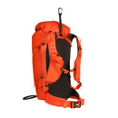 The rear side of a blue ice firecrest 38l alpine backpack in red clay colour on a white background