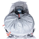 Gray backpack with a helmet inside on a white background