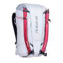 White backpack with red poles and Blue Ice branding on a white background