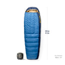 A Sea to Summit Circuit Down Sleeping Bag (-9°C) in blue, featuring a hood, is displayed next to its packed form. Filled with 650+ fill-power Ultra-Dry duck down, this sleeping bag is ideal for cold-weather camping. It measures 207 cm (81.5 in) in length and fits users up to 185 cm (6′1″) tall.