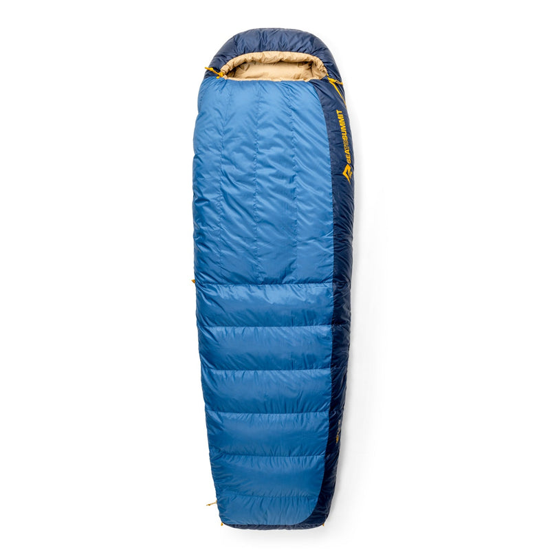 Blue sleeping bag with a brand logo on a white background