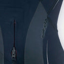 Close-up of a dark blue and gray wetsuit texture with a zipper, also a tear can be seen.