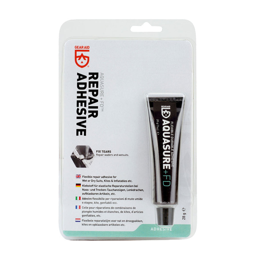 Packaging of Gear Aid Aquasure Repair Adhesive on a white background