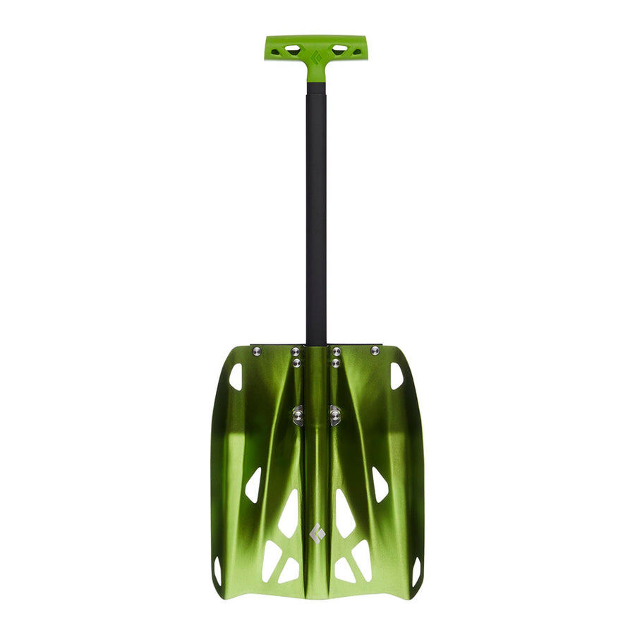 Green Black Diamond snow shovel with a black handle on a white background