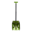 Green snow shovel against a white background