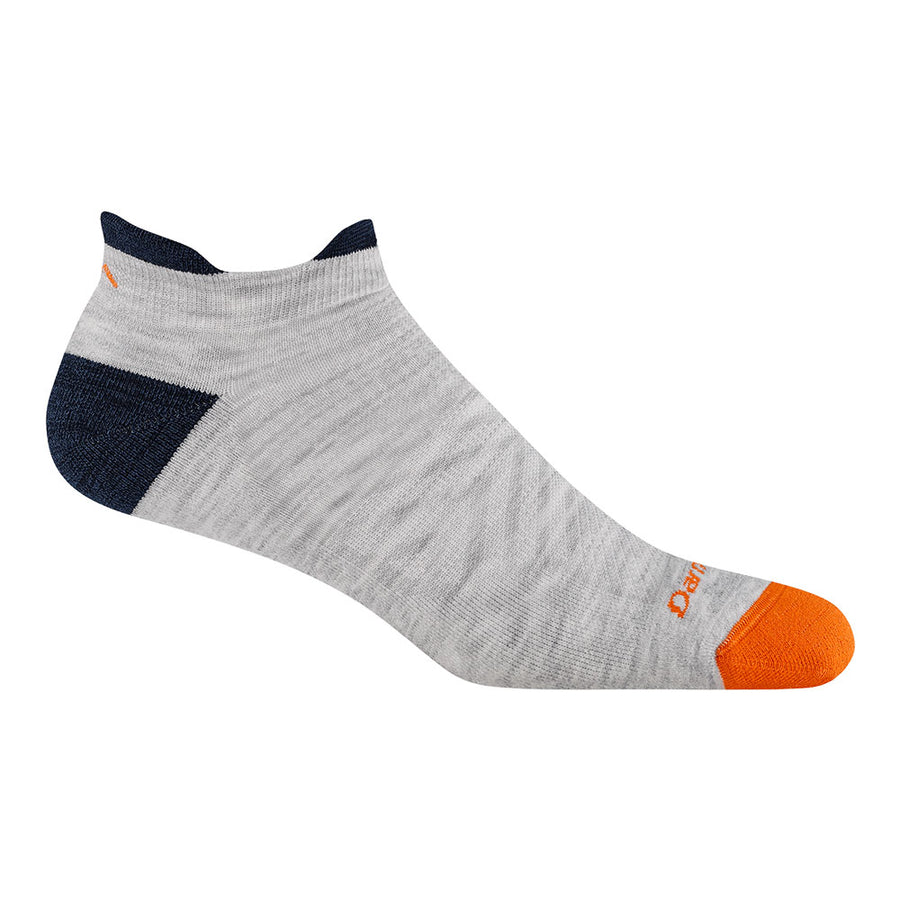 The Darn Tough Mens Run No Show Tab Cushioned Ultra-Lightweight Running Socks feature a low-cut, light gray body with a dark navy heel, bright orange toe, and a small orange logo near the toe for added style and comfort.