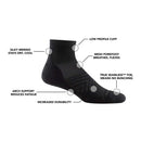 The Darn Tough Mens Run Quarter Cushioned Ultra-Lightweight Running Socks feature a black, low-profile cuff, silky Merino wool for cool dryness, mesh forefoot for breathability, seamless toe to prevent bunching, arch support, and enhanced durability.
