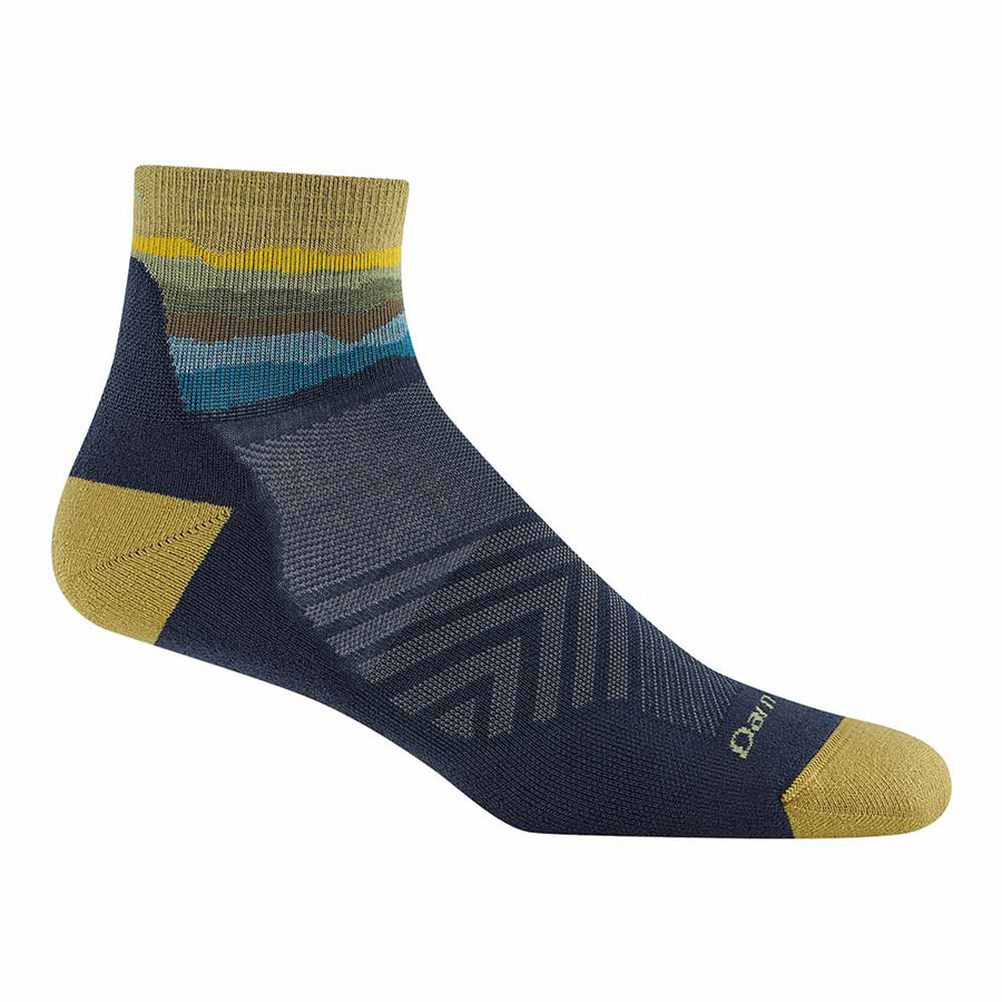 The Darn Tough Mens Run Quarter Cushioned Ultra-Lightweight Running Sock features an ankle-length design with a dark blue base, mustard yellow accents on the toe, heel, and cuff, plus blue, green, and yellow stripes around the ankle.