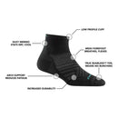 The Darn Tough Womens Run Quarter Ultra-Lightweight Running Socks feature a black design with a low-profile cuff, moisture-wicking Merino wool, mesh forefoot for breathability, seamless toe, arch support, and enhanced durability.
