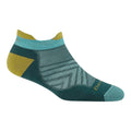 The Darn Tough Womens Run No Show Tab Cushioned Ultra-Lightweight Running Socks feature a low-cut design in teal, green, and yellow with a geometric stripe pattern, reinforced heel and toe, and soft, breathable Merino wool.