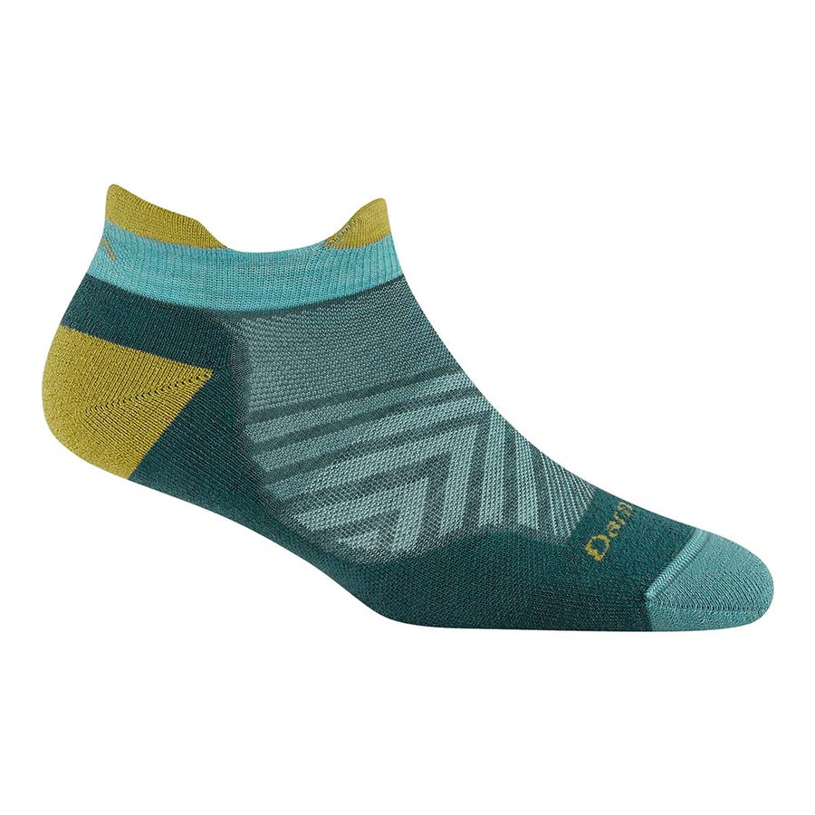 The Darn Tough Womens Run No Show Tab Cushioned Ultra-Lightweight Running Socks feature a low-cut design in teal, green, and yellow with a geometric stripe pattern, reinforced heel and toe, and soft, breathable Merino wool.