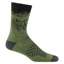A single green and black Darn Tough Mens Vert Micro Crew Ultra-Lightweight Merino wool sock featuring a mountain and forest pattern, dark toe and heel, and Darn in orange near the toe.