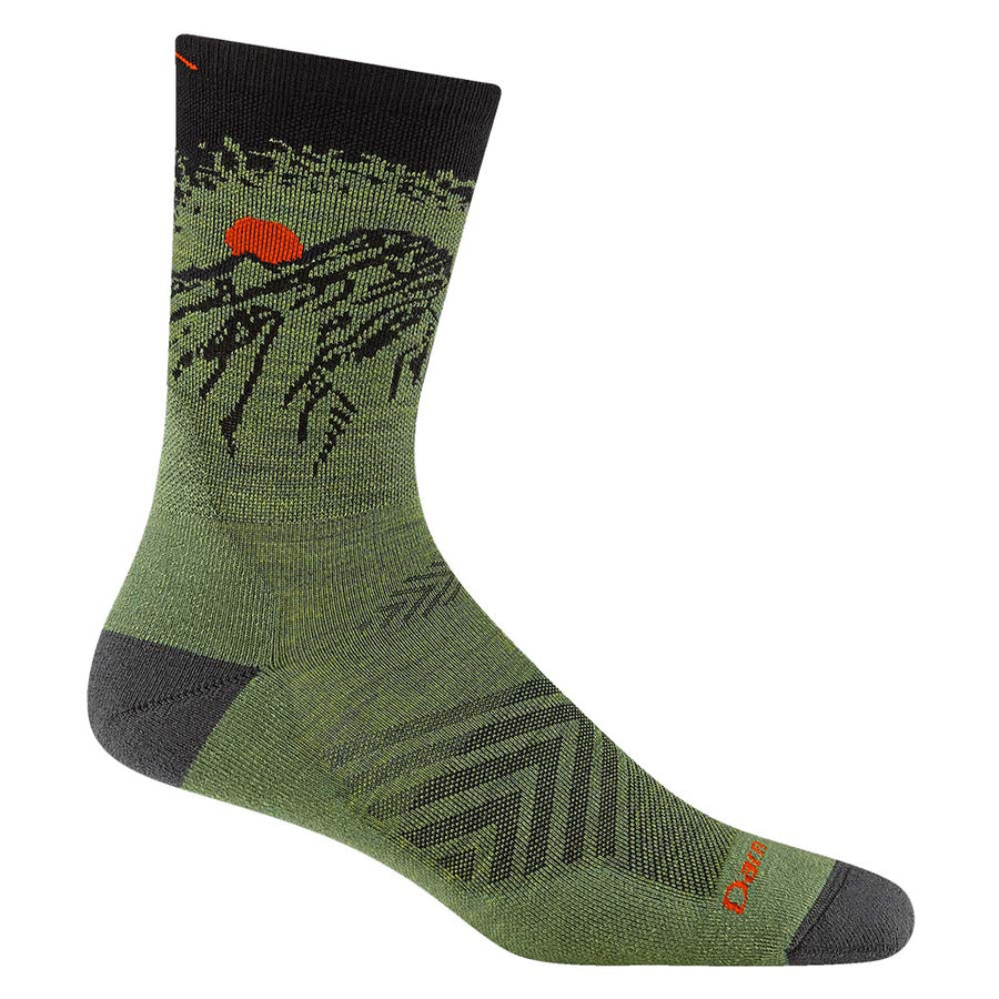 The Darn Tough Mens Vert Micro Crew Ultra-Lightweight Socks feature green Merino wool with a dark gray heel, toe, and cuff, plus a black mountain ridge and bright orange sun design—perfect for sporty, outdoor hiking adventures.