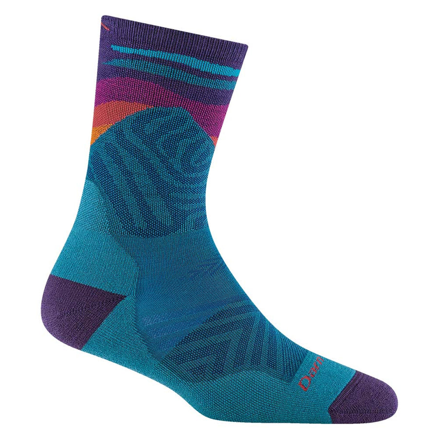 The Darn Tough Womens Mirnavated Micro Crew Ultra-Lightweight Running Socks offer a snug, athletic fit with vibrant geometric patterns, mid-calf length, and Merino wool—perfect for hiking and running enthusiasts.