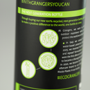 Bottle label with green text and icons on a black background