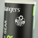 Close-up of a product with 'Brangers' branding and a 100% recycled bottle label.