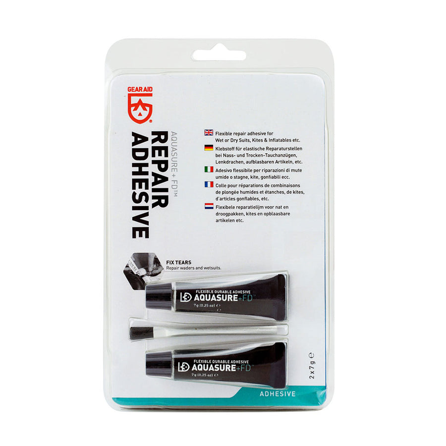 Packaging of Aquasure repair adhesive with 2 tubes on a white background