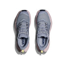 A pair of Hoka Womens Anacapa 2 Low GORE-TEX Hiking Shoes in light gray and pink, shown from above with mesh uppers, white soles, and yellow heel pull tabs.