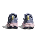 A pair of Hoka Womens Anacapa 2 Low GORE-TEX Hiking Shoes seen from the back, with light purple uppers, pink soles, yellow heel tabs, and dark blue outsoles on a white background.