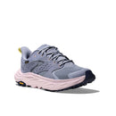 The Hoka Womens Anacapa 2 Low GORE-TEX Hiking Shoe features a light purple mesh and synthetic upper, chunky pale pink sole with black tread, yellow pull tab on the heel, and laces, shown on a white background.