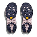 Pair of dark blue and light pink Hoka Womens Anacapa 2 Low GORE-TEX Hiking Shoes shown from the bottom, featuring rugged geometric-patterned soles with a yellow Vibram logo on each.